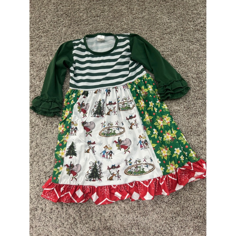 Angeline Girls Christmas Grinch Inspired Mixed Print Ruffle Dress Green 7/8Y